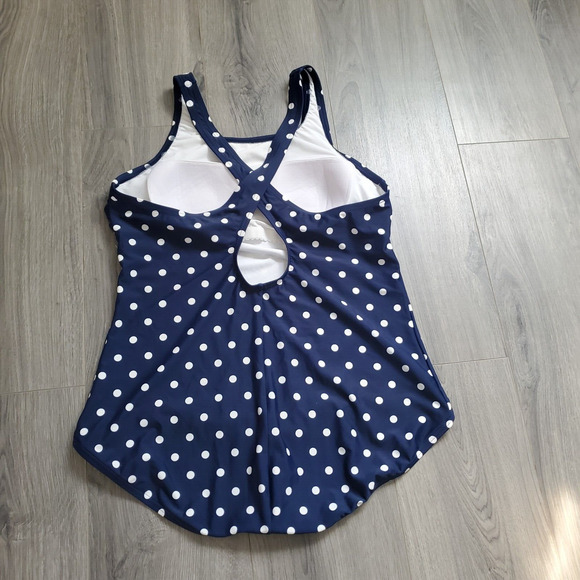 Lands End Swimsuit One Piece Womens XL 18 Navy Polka dot full coverage modest - Picture 2 of 8